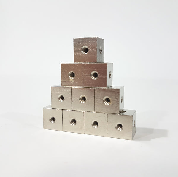 12 mm metal cube, threaded M3 on all axes. Perfect for modding your computer case, or creating custom cases!